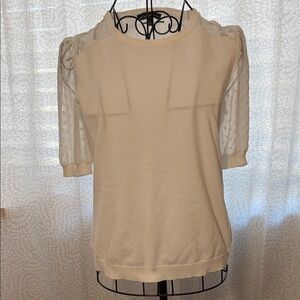 Adrianna Papell White Knit Top with Sheer Sleeves, S